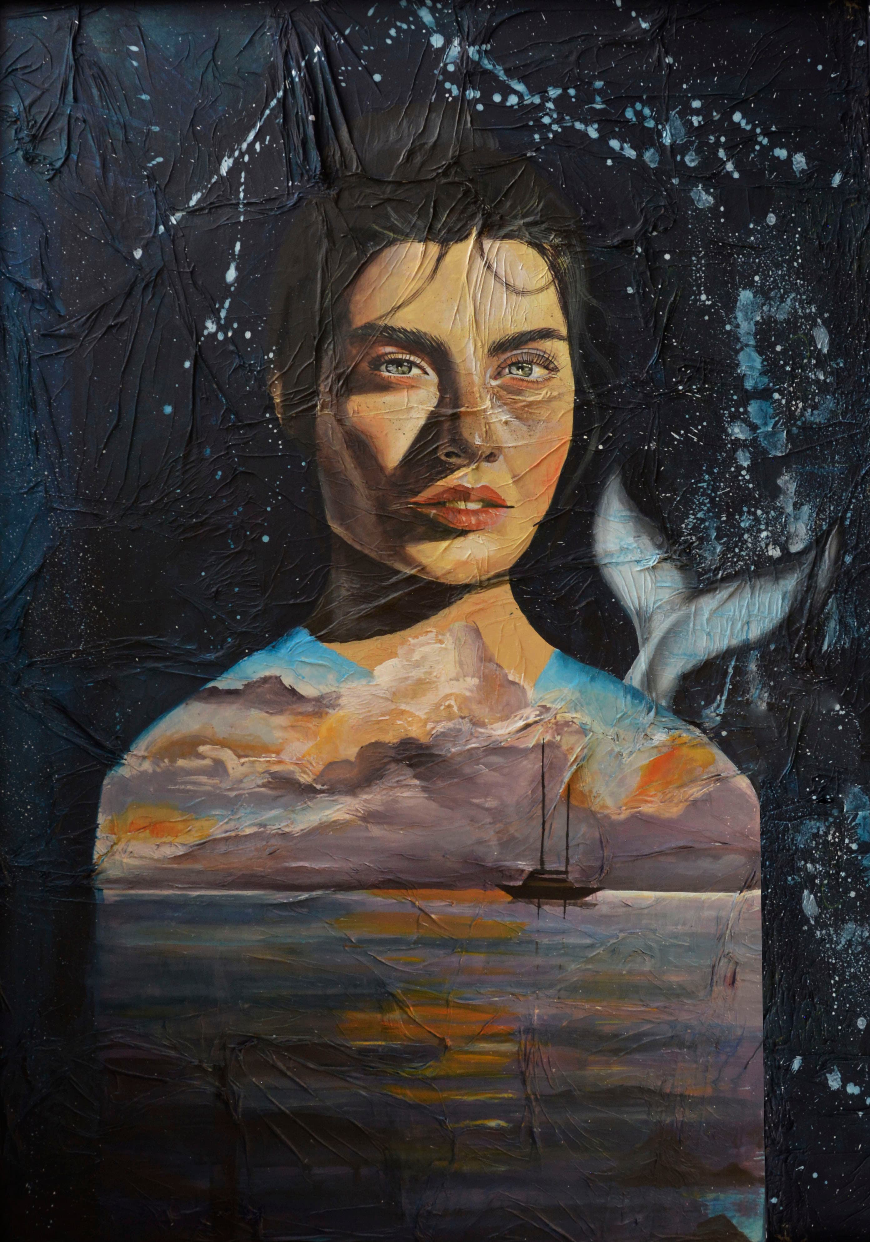 Textured portrait with a seascape and white bird