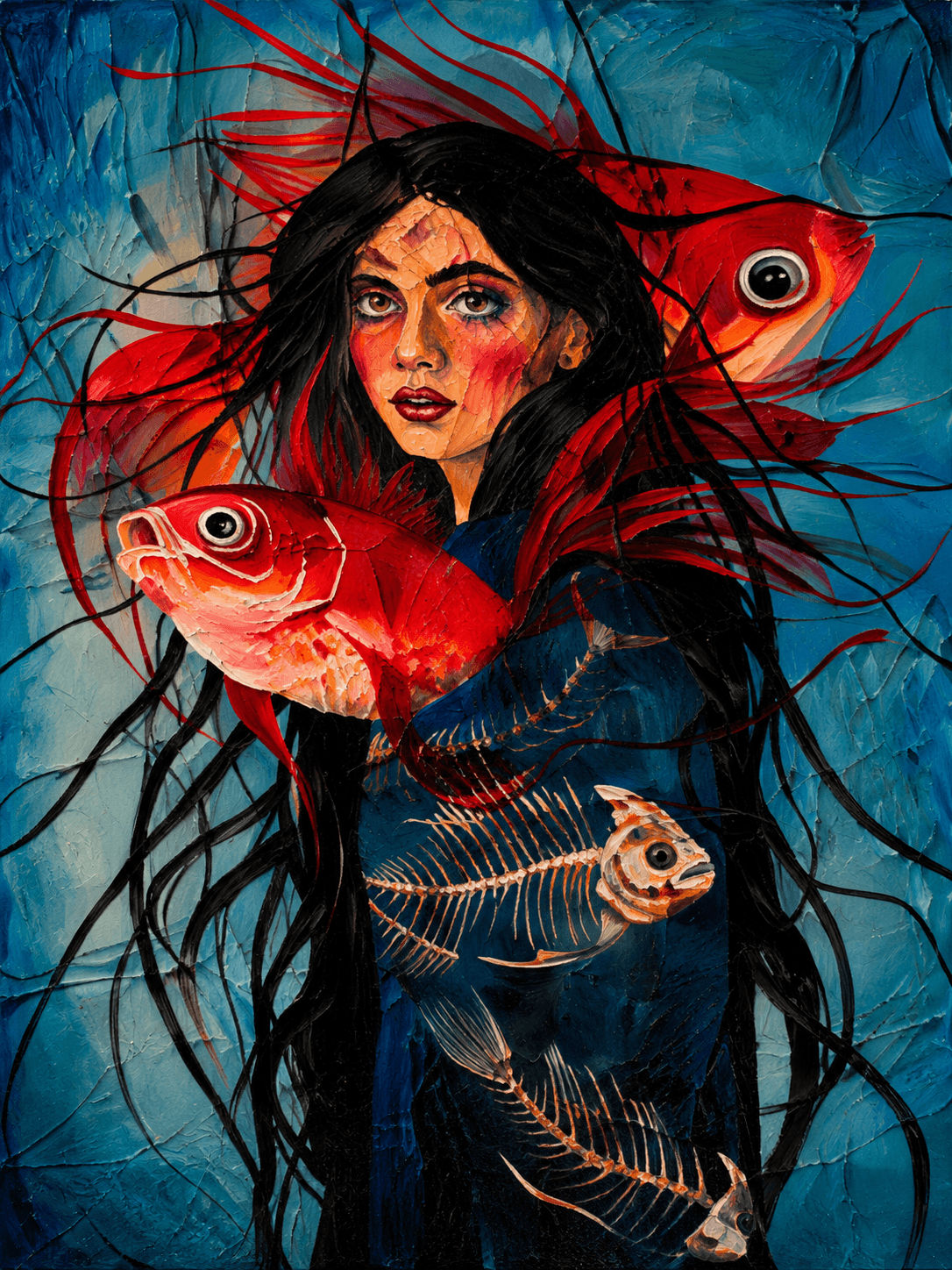 Woman surrounded by vibrant red fish