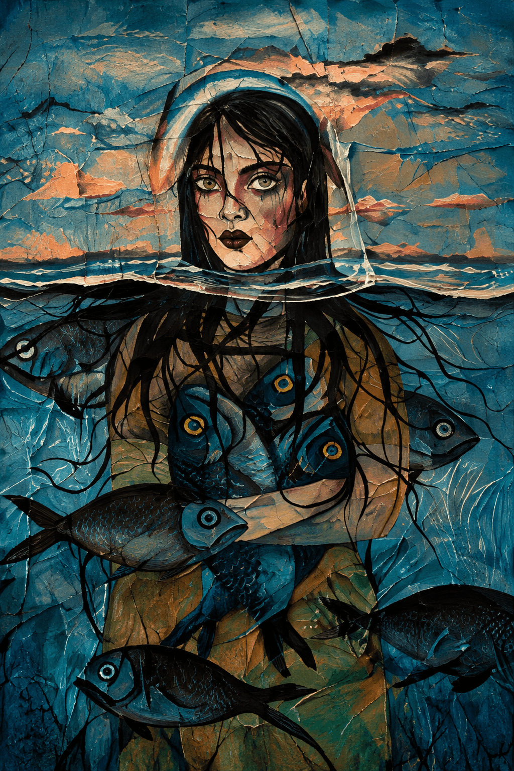 Woman beneath the water with fish and reflections